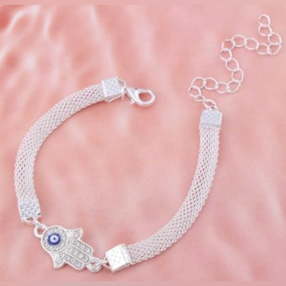 Silver Hamsa Hand Bracelet/Anklet with Blue Eye J304